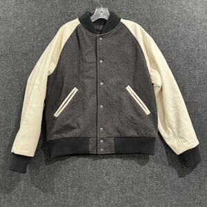 Uniqlo Stadium Jacket Men's Medium Gray White Varsity Bomber Snap Buttons Pocket